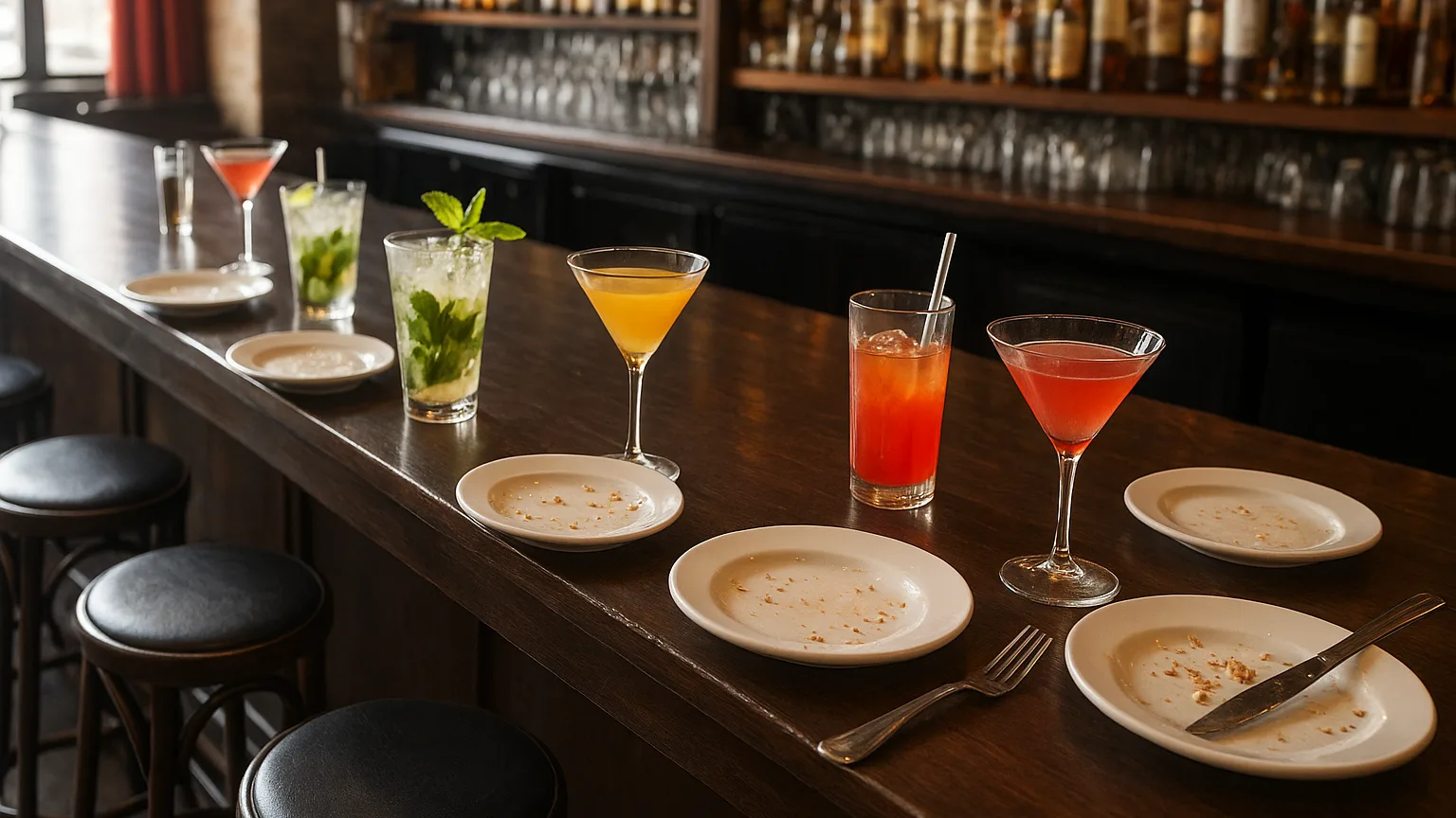 A nightclub bar counter at peak hours with multiple cocktail glasses, empty plates, and abandoned bar stools, showing the transition from drinking to dining activity.