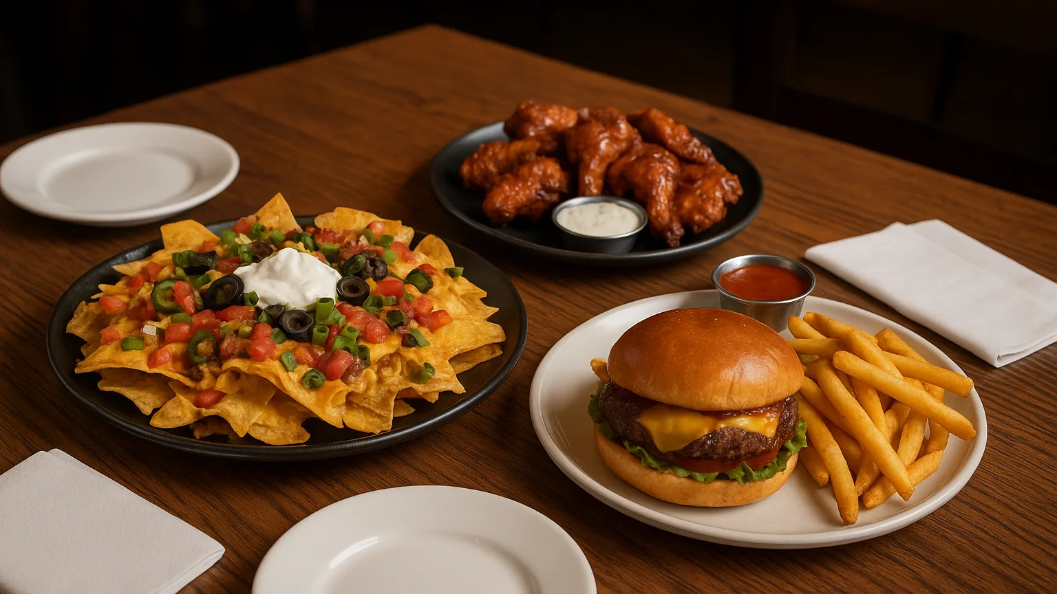 A table set with loaded nachos, wings with sauce cups, and a burger with fries, surrounded by napkins and small plates in a dimly lit venue setting.