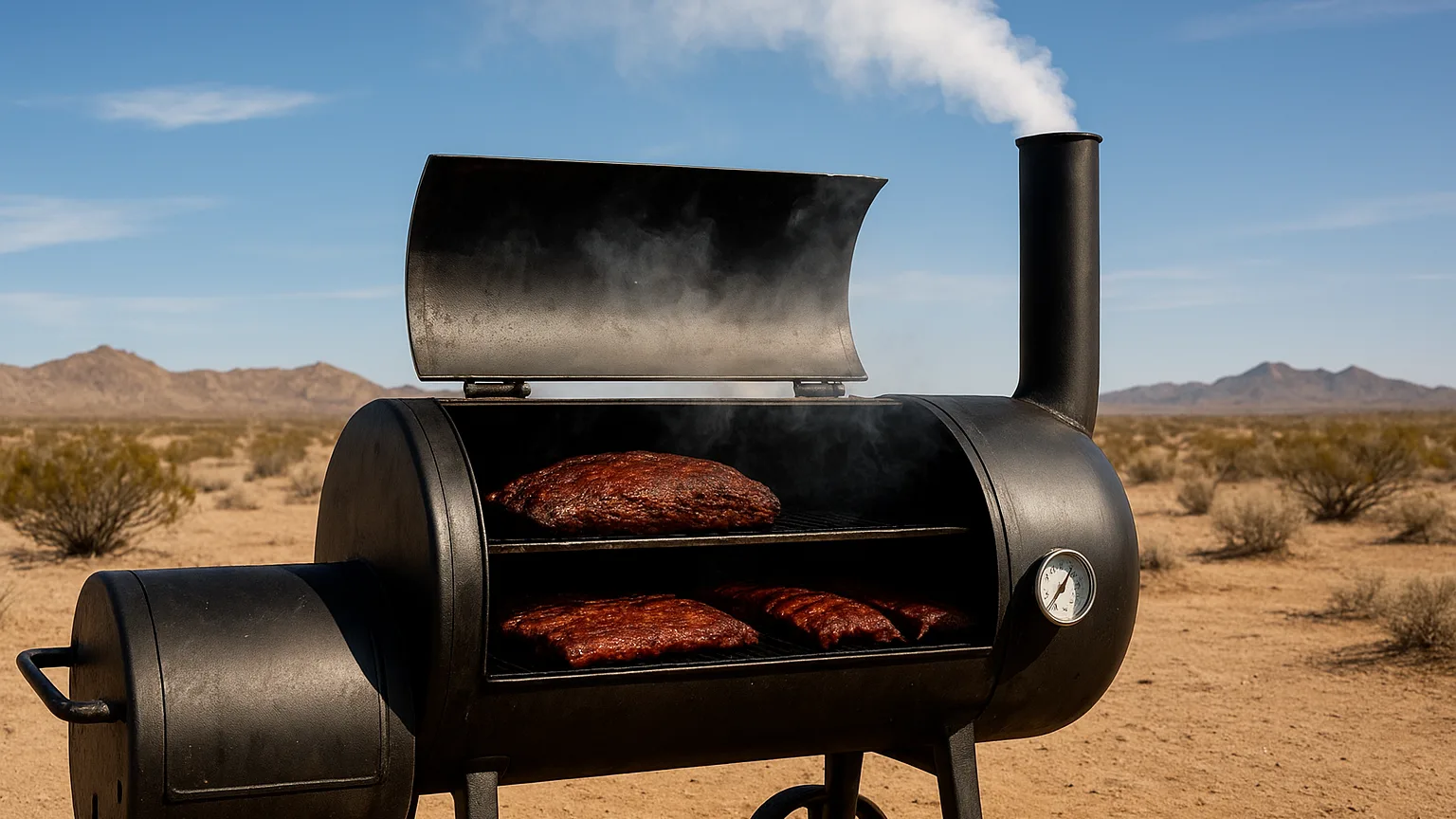 A large offset smoker with smoke billowing from the chimney, brisket and ribs visible on the grates inside, thermometer showing temperature, desert landscape in background.
