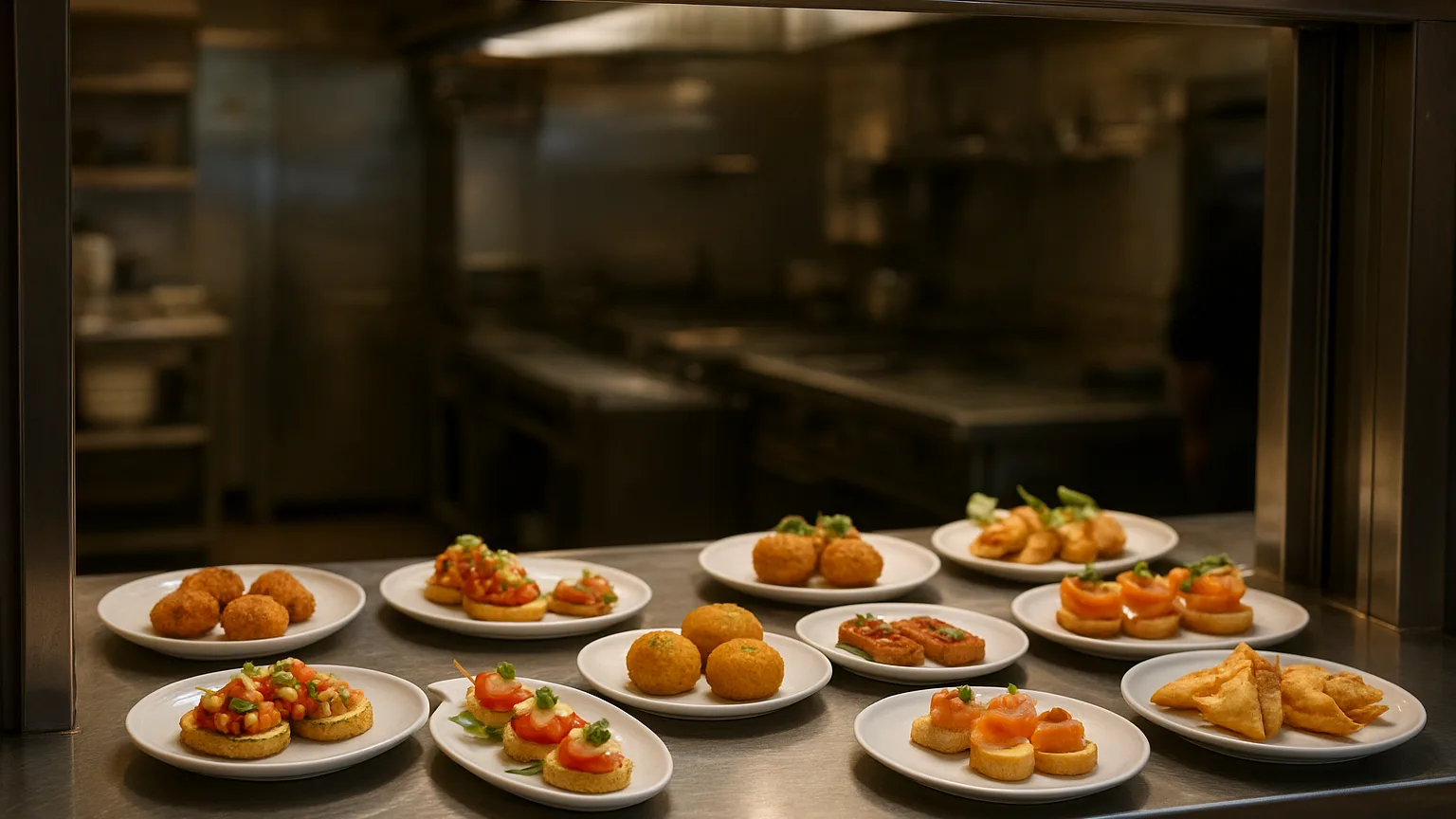 A nightclub kitchen pass window displaying plated appetizers, small bites, and finger foods lined up for service during evening service hours.