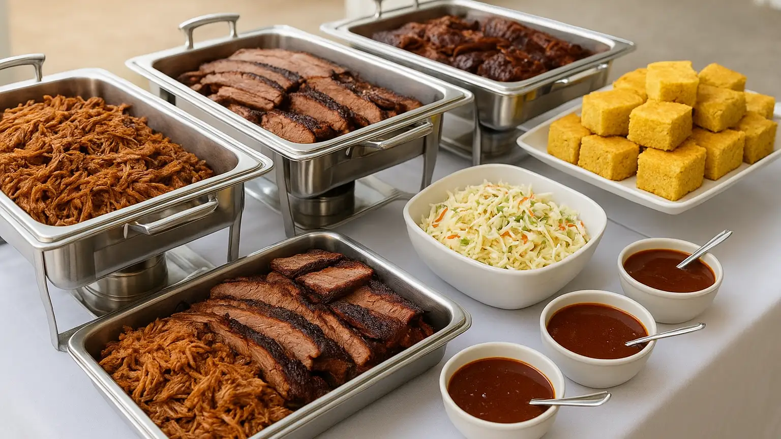 Catering spread on tables with pulled pork, brisket, ribs, cornbread, coleslaw, and sauce containers arranged for service, with chafing dishes and serving utensils ready.