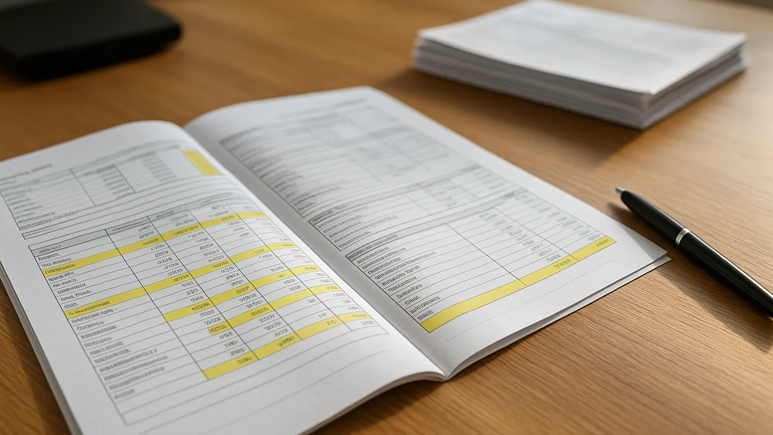 Commercial utility bill spread open on a restaurant office desk, showing multiple pages with highlighted sections, pen nearby, seasonal bills stacked beside it.