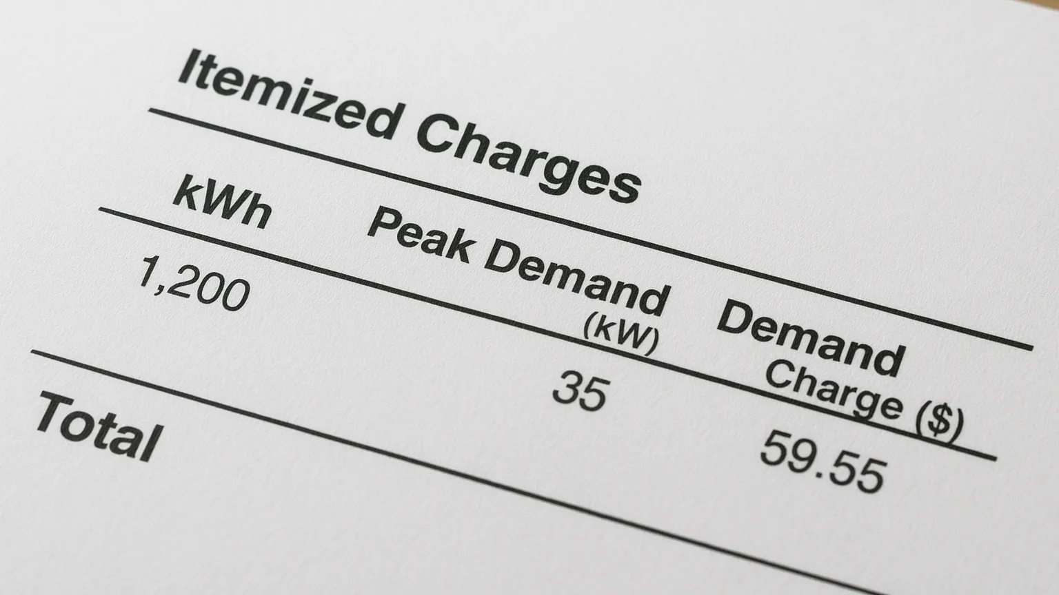 Close-up of a commercial utility bill's itemized charges section displaying kWh usage, peak demand in kW, demand charge dollars, and rate schedule code clearly visible.