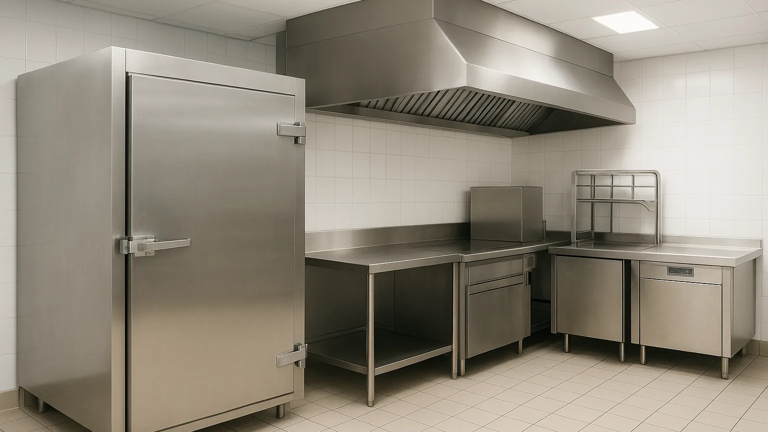 Restaurant kitchen interior showing walk-in refrigerator, commercial hood vent system, and dish machine equipment positioned together under overhead lighting.